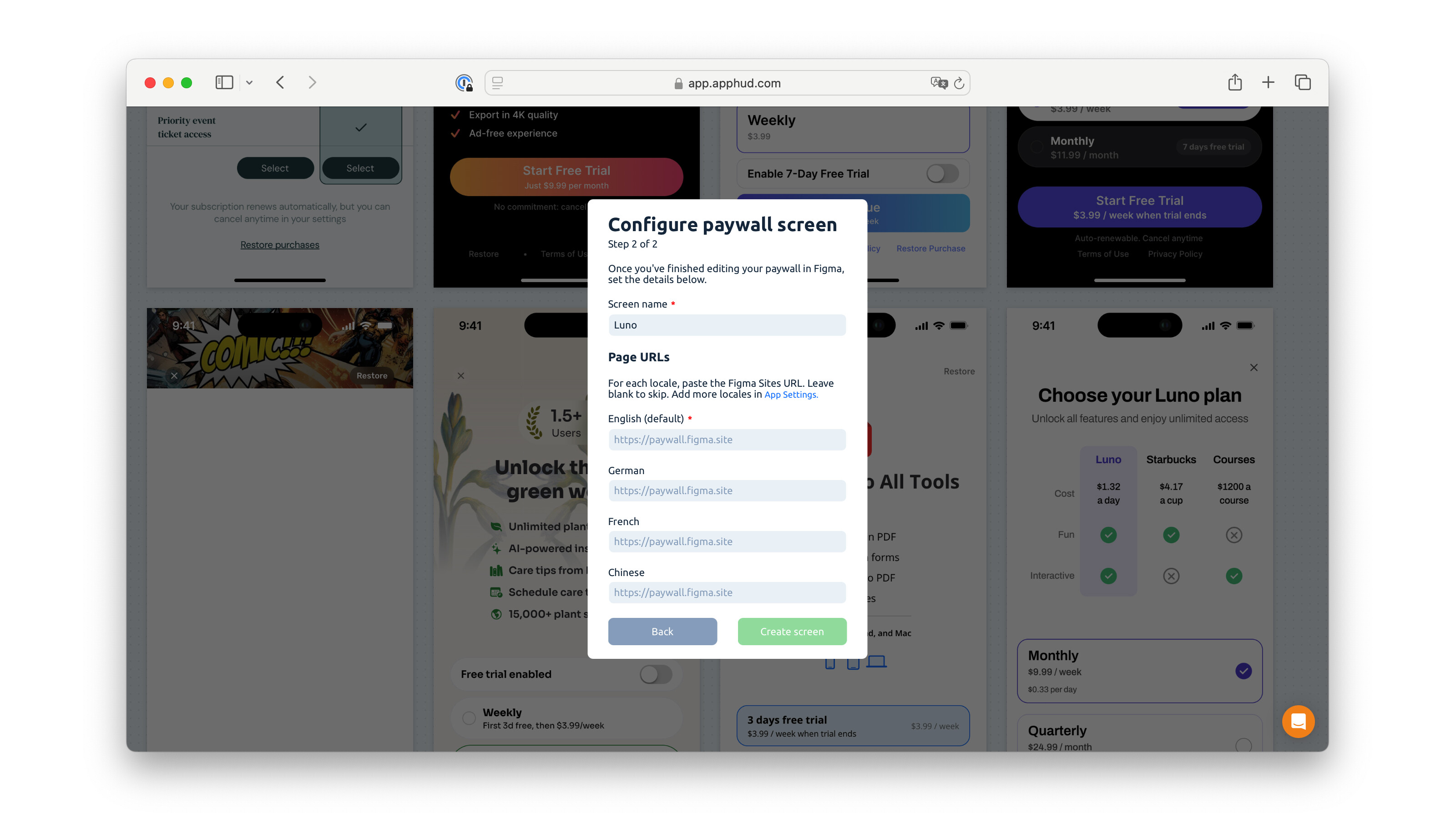 Paywall screen configuration at Apphud