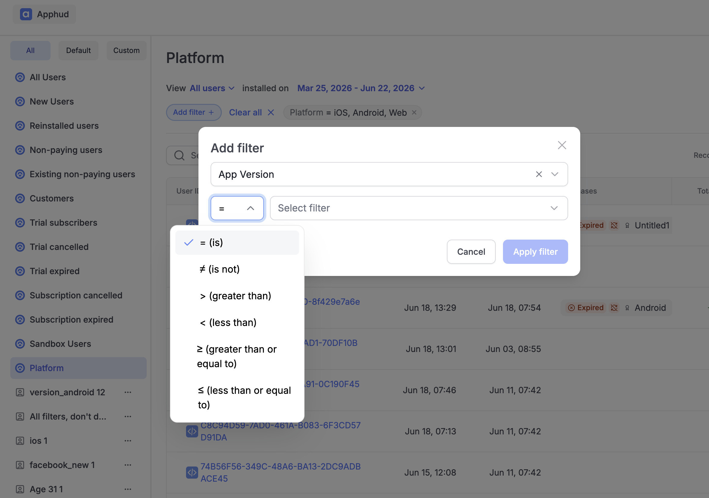 Flexible Audience filters at Apphud