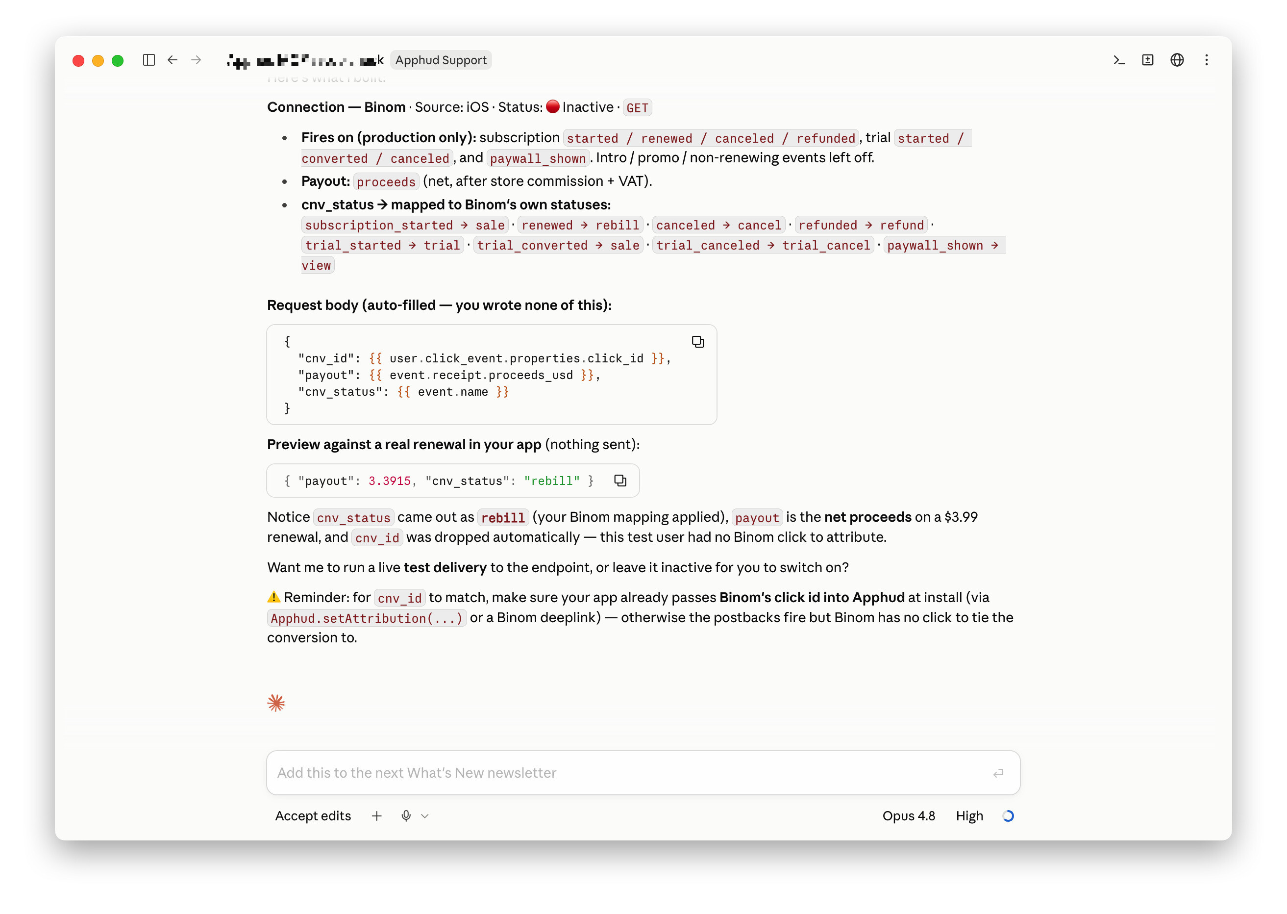 Apphud MCP - Setting up a custom Binom integration