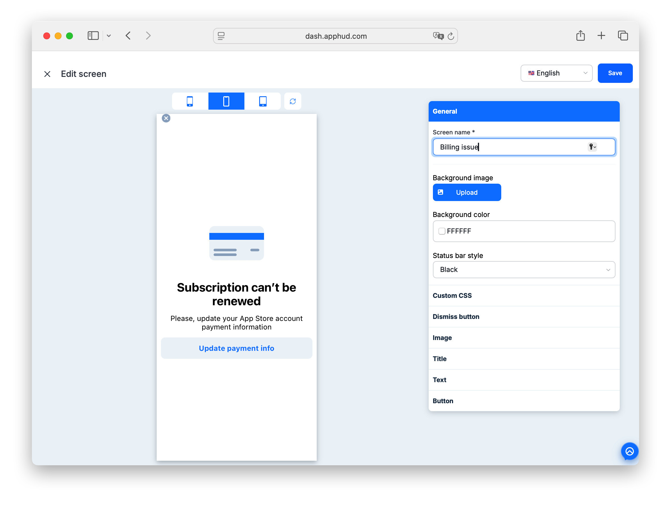 Payment fails → this screen fires. No code, no release — built at Apphud.