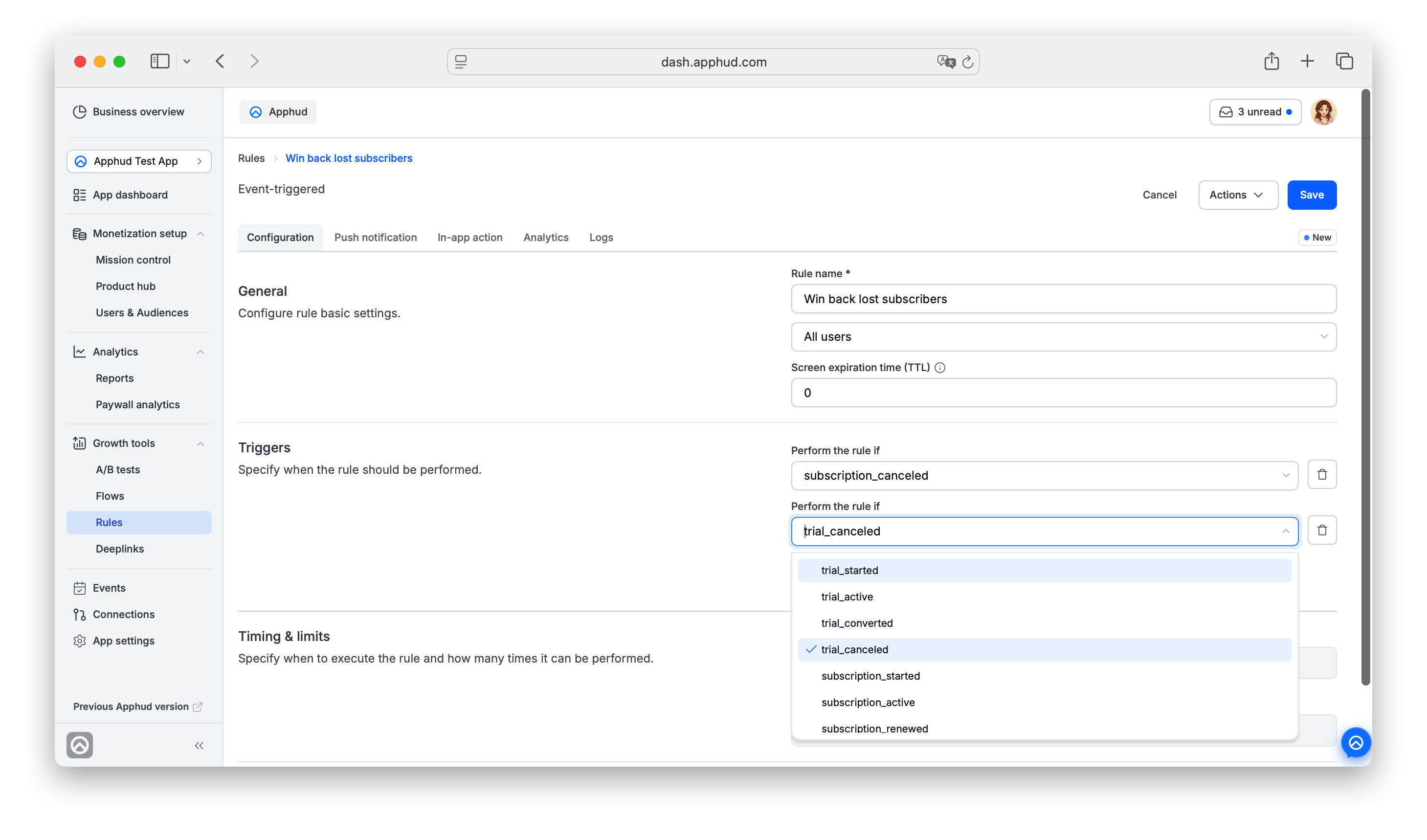 Subscriber cancels → this Rule fires. Pick the trigger at Apphud, no code.