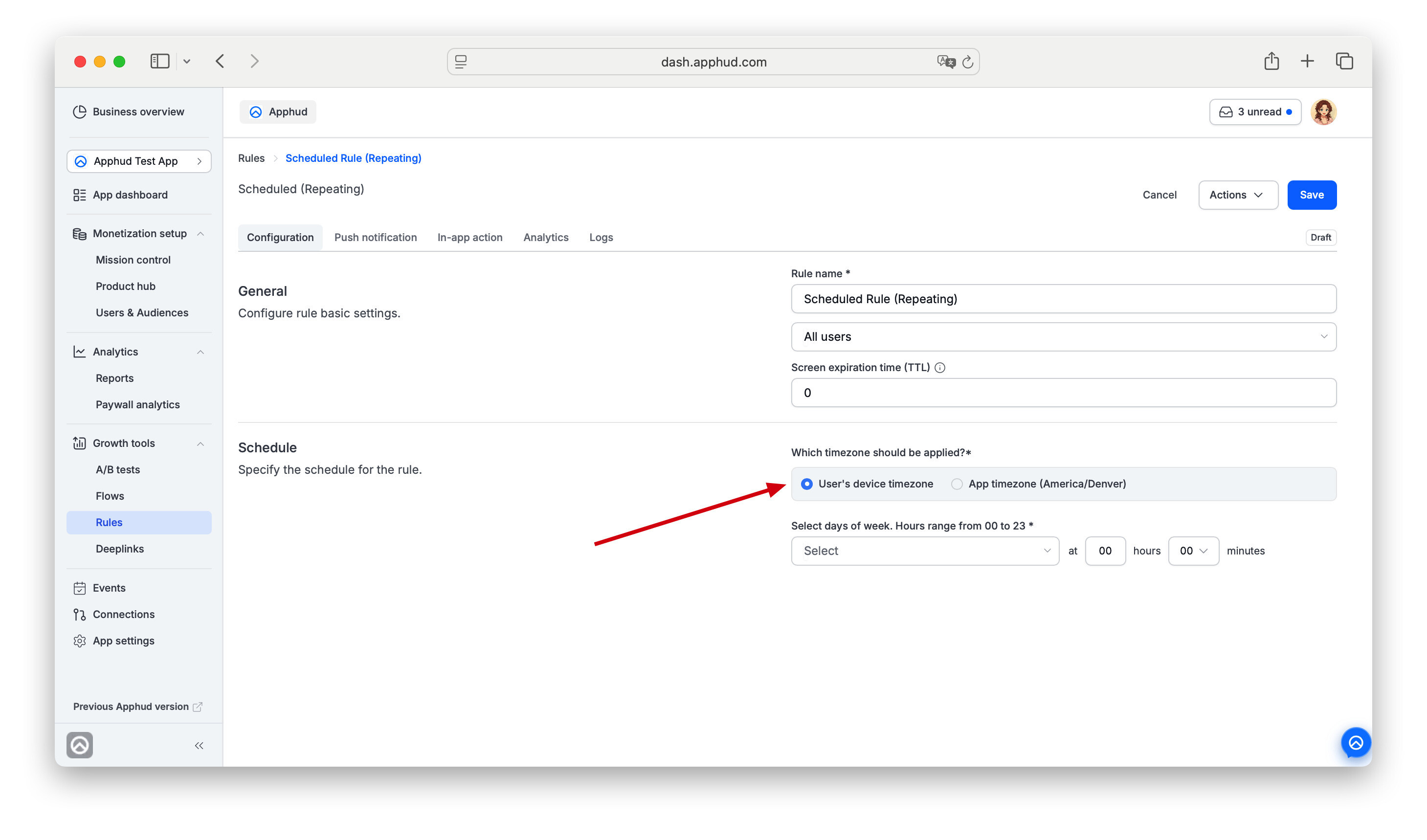 Scheduled Rule at Apphud: pick the day and hour — it fires in each user's own timezone.
