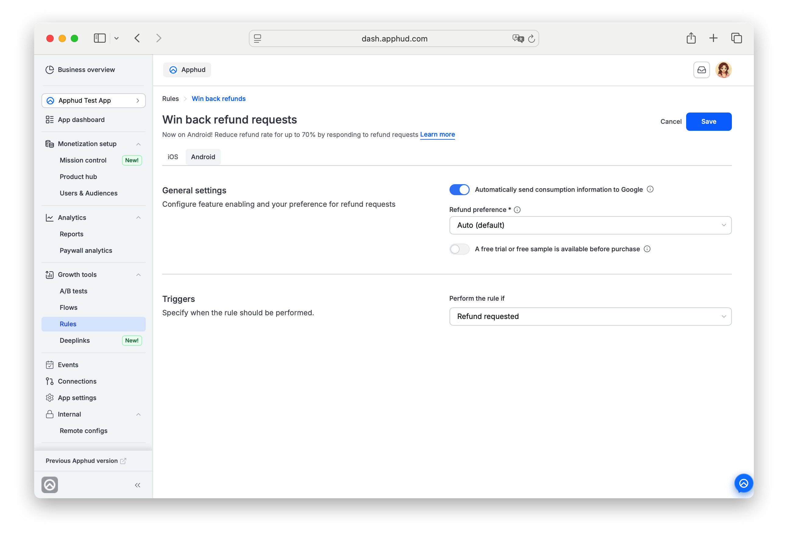 Win Back Refunds settings for Android in Apphud cabinet