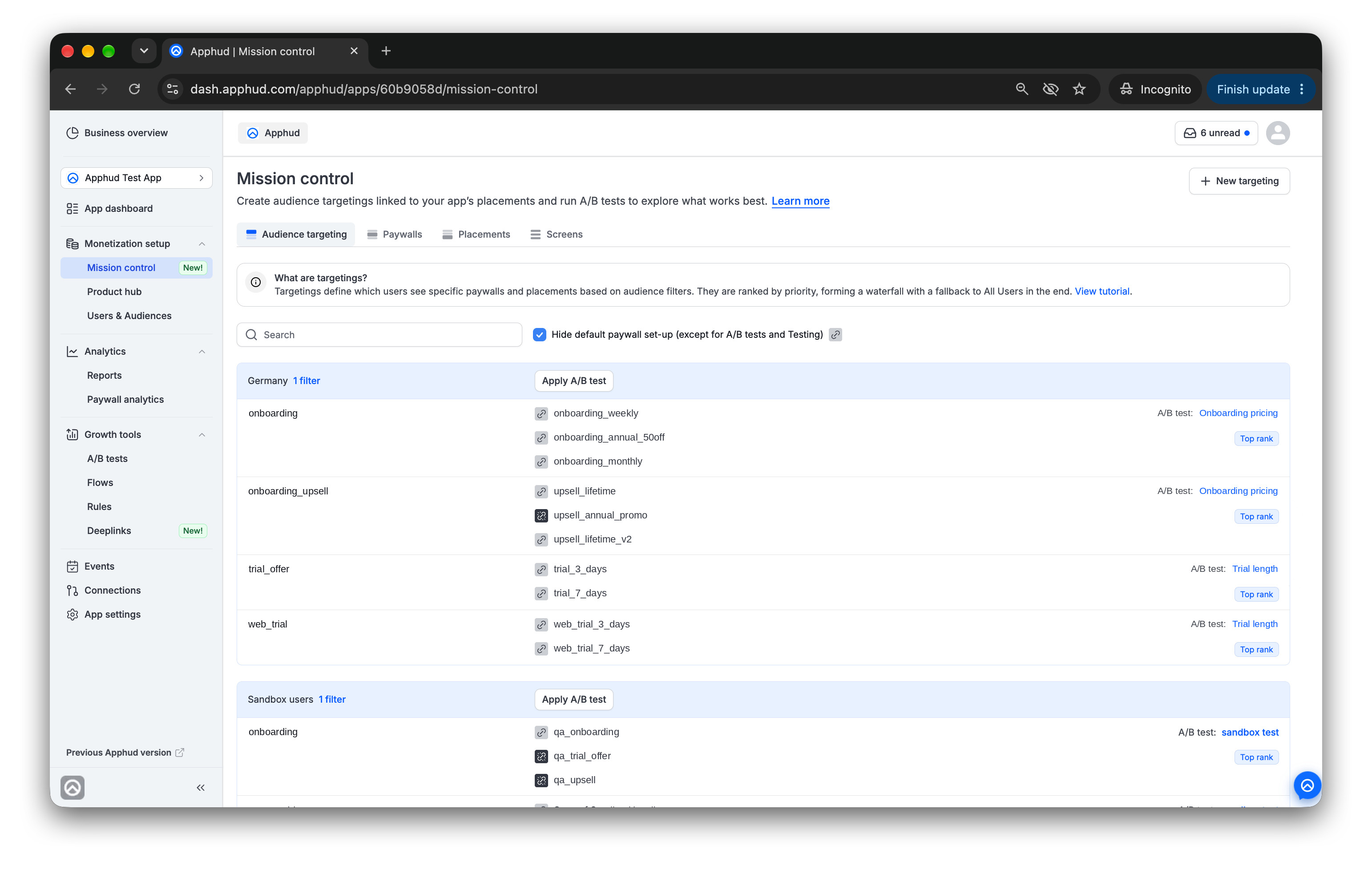 Multiple tests on one audience, each on its own placement.